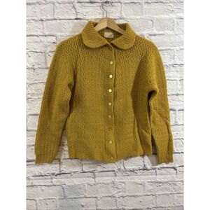 Glentex Vintage Wool Sweater Womens M Mustard Yellow Collar Cardigan Retro Pinup